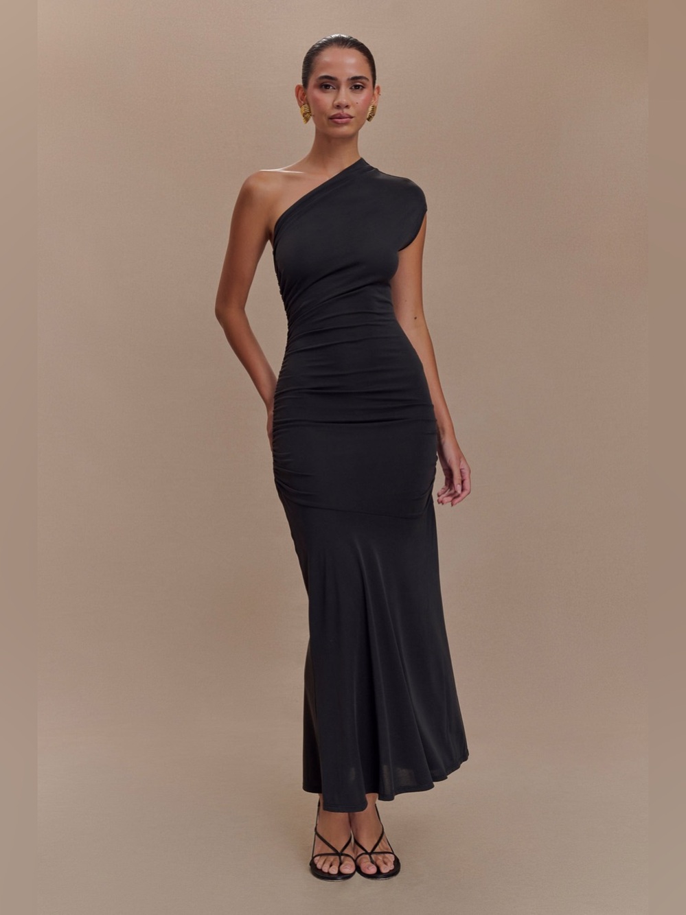 NWT MESHKI Chloe Ruched One Shoulder Maxi Dress Black Size M Evening Formal